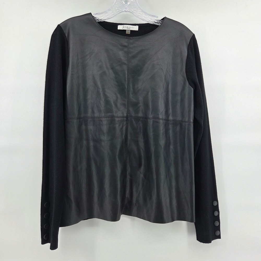 Siani Milano Top S Black Faux Leather‎ Knit Long Sleeve Edgy Chic